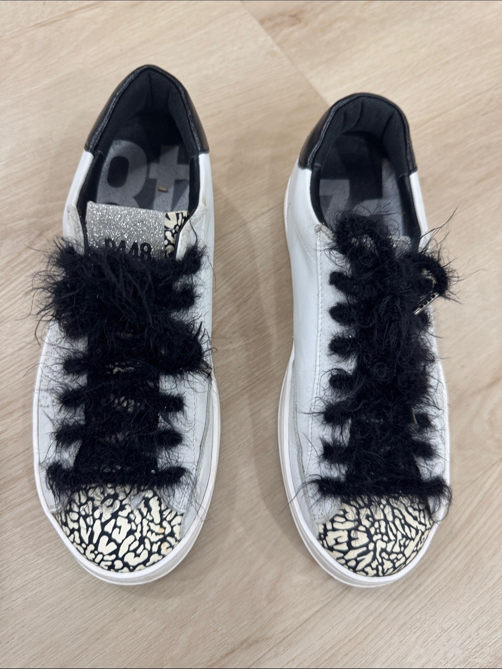 P448 White Sneakers with Black Fuzzy Laces and Patterned Toe